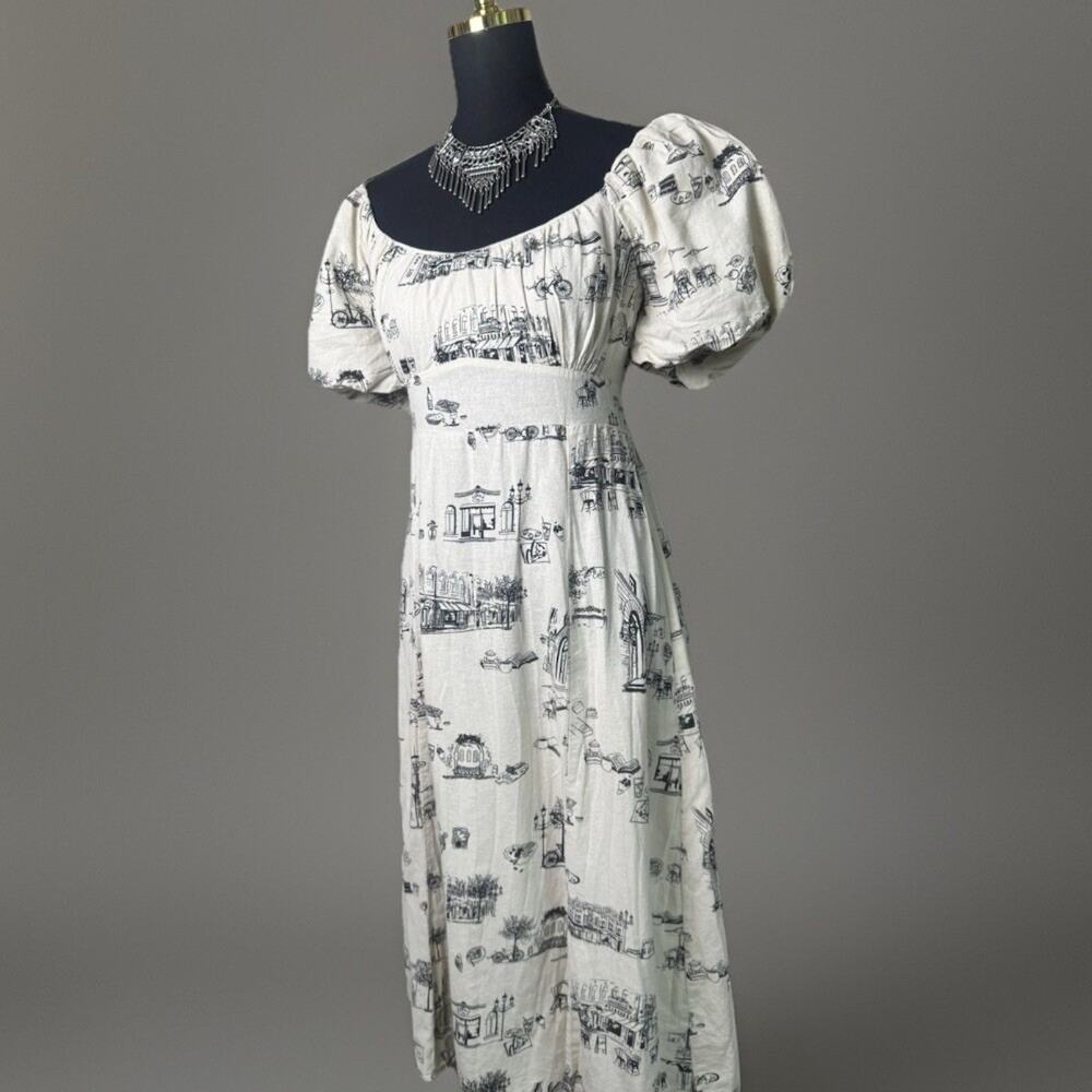 Paris Café Toile Print | Linen Blend | Puff Sleeve | Cottagecore | Midi Dress